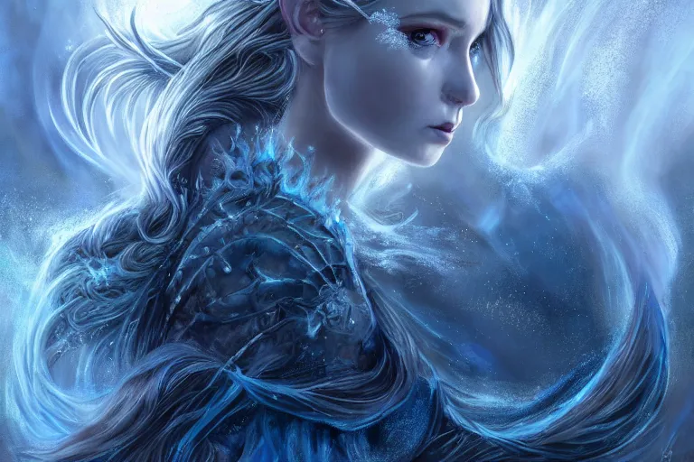 Image similar to Majestic beautiful young female ice goddess!! running from being corrupted by fire, intricate, epic, elegant, menacing, fantasy, highly detailed, digital painting, hard focus, beautiful volumetric lighting, epic light, ultra detailed, souls, smoke, icicle, frozen by Leesha Hannigan, Ross Tran, Thierry Doizon, Kai Carpenter, Ignacio Fernández Ríos