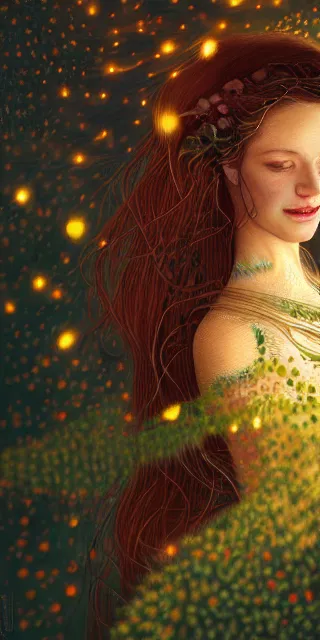 Image similar to young woman, serene smile, surrounded by golden firefly lights amidst nature, full covering intricate detailed dress, long red hair, precise linework, accurate green eyes, small nose with freckles, beautiful smooth oval shape face, empathic, expressive emotions, dramatic lights, hyper realistic ultrafine art by artemisia gentileschi, jessica rossier, boris vallejo