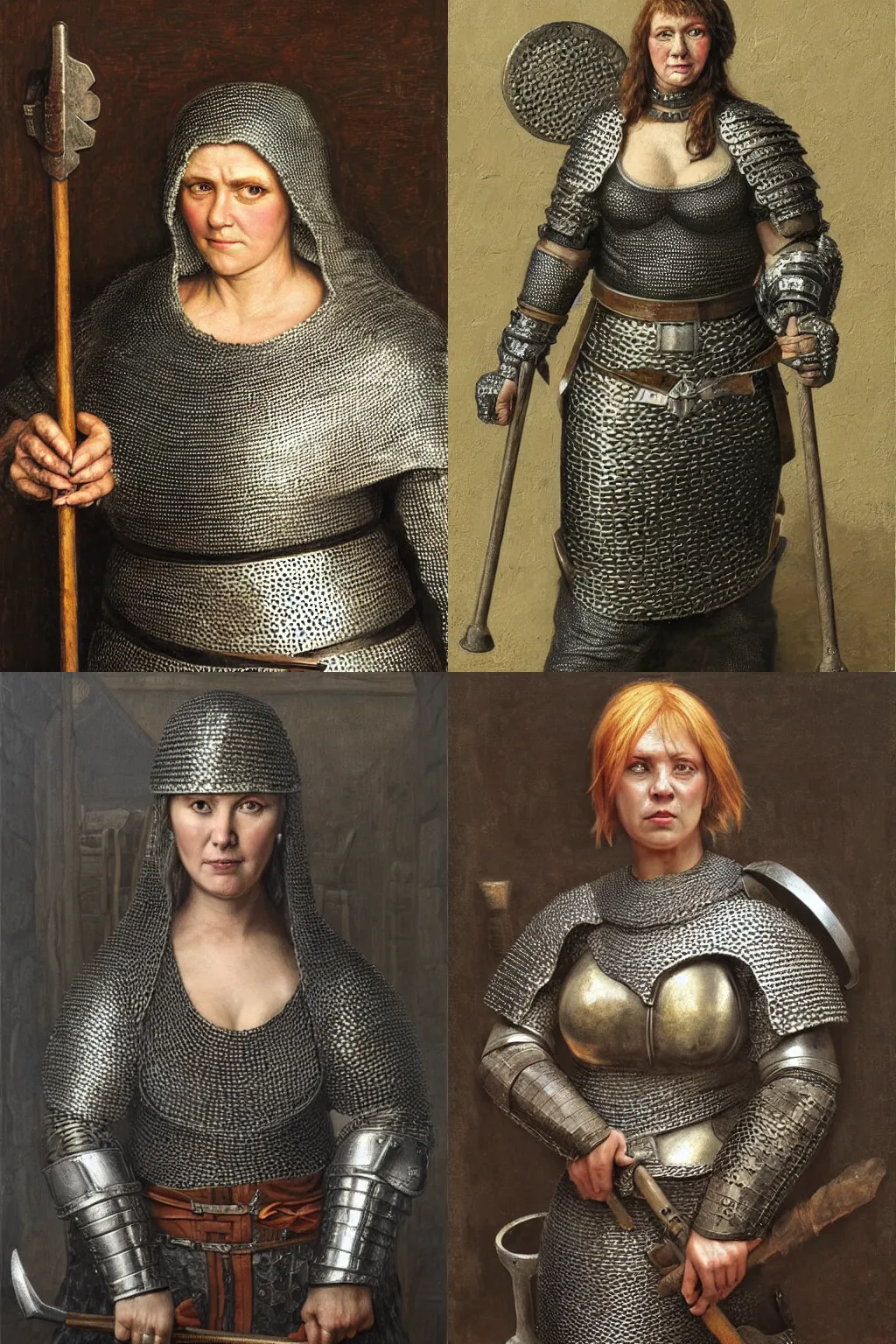 Prompt: portrait | large and strong medieval woman wearing chainmail armor and a heavy hammer | style of johfra bosschart | cgsociety |