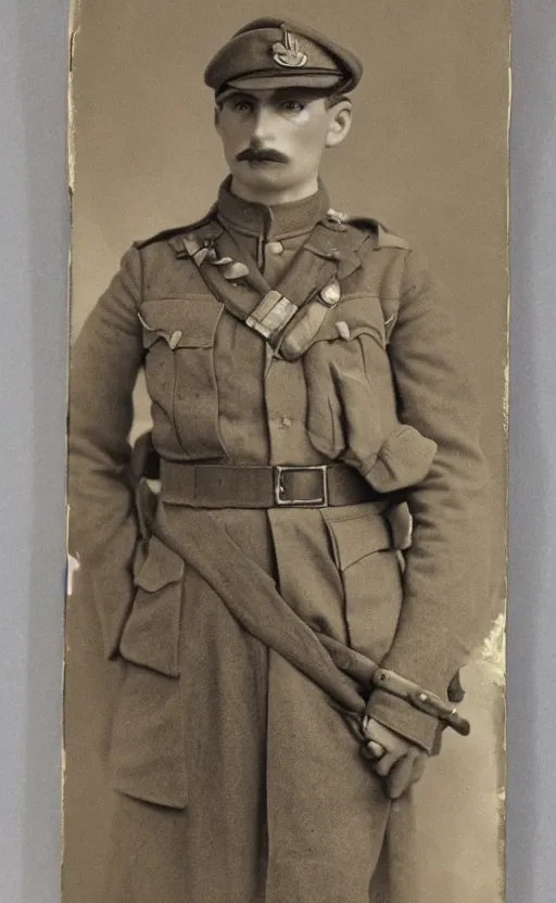 Image similar to portrait of a wwi british army officer, male, first world war, detailed face, highly detailed, cinematic lighting, photograph by elliott & fry