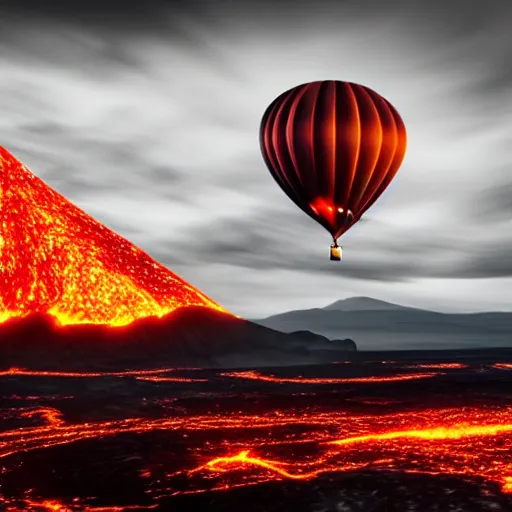 Image similar to hot air balloon travelling over the dark skies of Mordor. Mt doom is in the distance and lava can be seen. Ultra widescape shot. Photorealistic 4k IMAX 35mm sharp focus