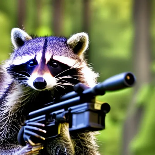 Prompt: raccoon shooting sniper rifle, photo, detailed, 4 k