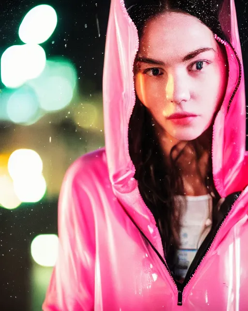 Prompt: a closeup portrait of as beautiful young woman wearing a transparent wet hoody standing in the middle of a busy night road, with lots on neon lights on the background, very backlit, moody feel, dramatic