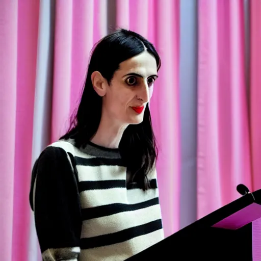 Prompt: design curator beatrice galilee wearing a striped top presenting at a lectern in front of pink curtains, 8 k photorealistic