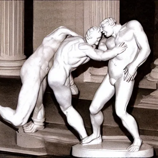 Prompt: conan o'brien and andy richter wrestling, by rodin, marble