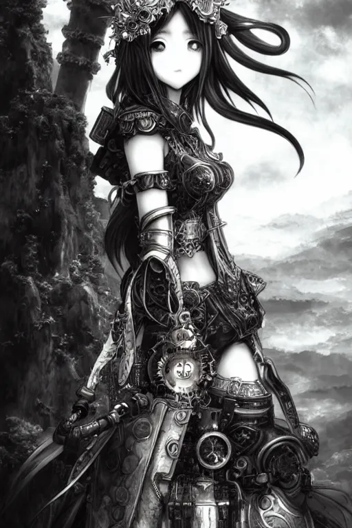 Image similar to a vertical portrait of a character in a scenic environment by Yoshitaka Amano, black and white, dreamy, steampunk armor, black hair, highly detailed