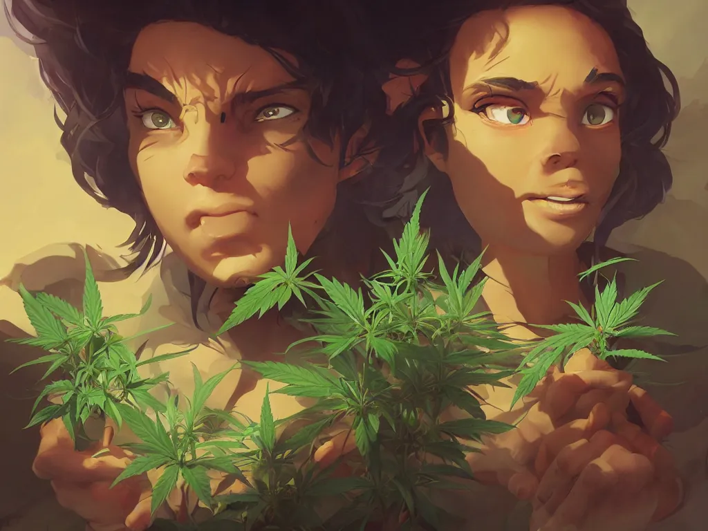 Image similar to cannabis marijuana kid face!, behance hd by jesper ejsing, by rhads, makoto shinka, lois van baarle, ilya kuvshinov, rossdraws global illumination