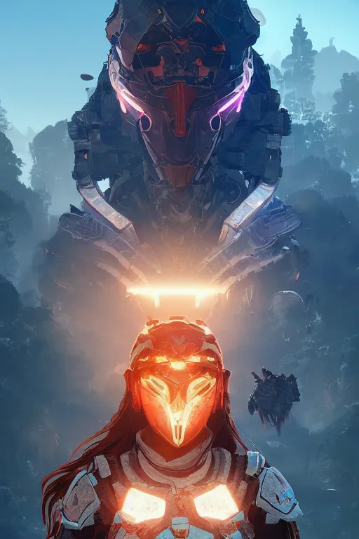 Image similar to combination suit armor aloy horizon forbidden west horizon zero dawn radiating a glowing aura global illumination ray tracing hdr fanart arstation by ian pesty and alena aenami artworks in 4 k tribal robot ninja mask helmet backpack