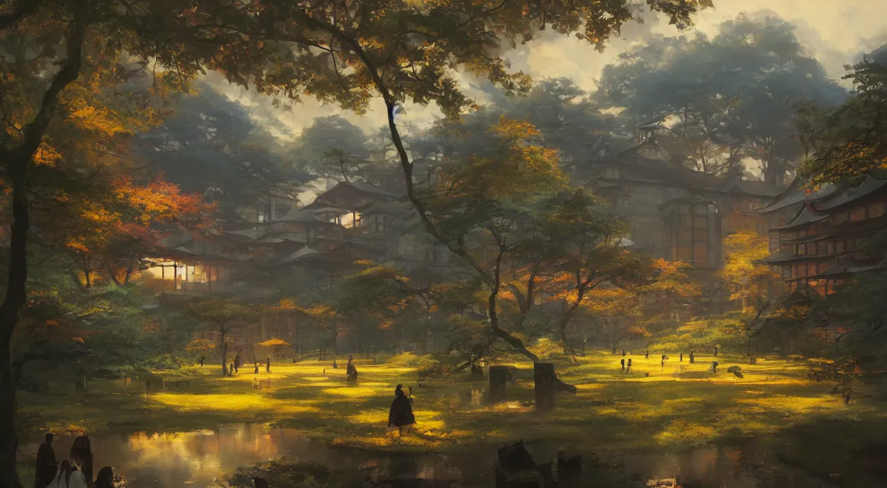 Prompt: \'The Campus of a Japanese Wizard College\', a vibrantly colored fantasy painting by greg rutkowski, trending on artstation, matte painting, golden hour