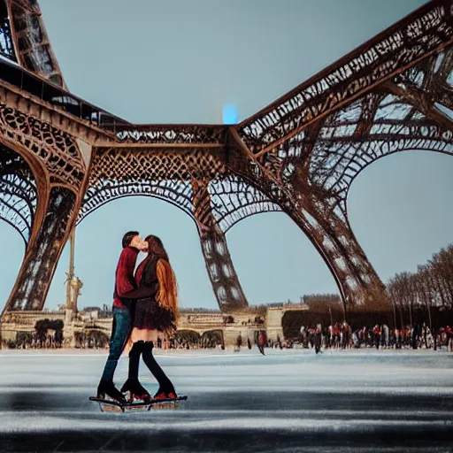 Prompt: extreme long shot, landscape, man and woman with long brown hair ice skating in front of eiffel tower, soft lighting, soft aesthetic, cool pallet, soft focus by j. m. w. turner