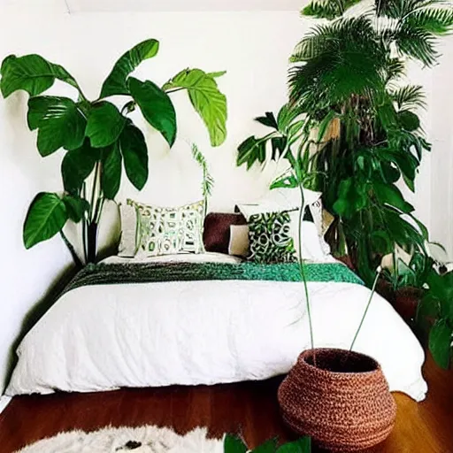 Image similar to “ a boho studio room with lots of green plants, orange throw pillows, white bunk bed ”