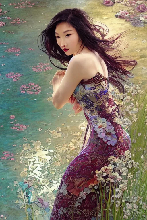 Image similar to portrait of a beautiful woman wearing a cheongsam dress, holding a bouquet of flowing flowers, drenched body, silver hair, emerging from the water, dark fantasy, regal, fractal crystal, fractal gems, by ross tran, stanley artgerm lau, thomas kindkade, alphonse mucha, loish, norman rockwell