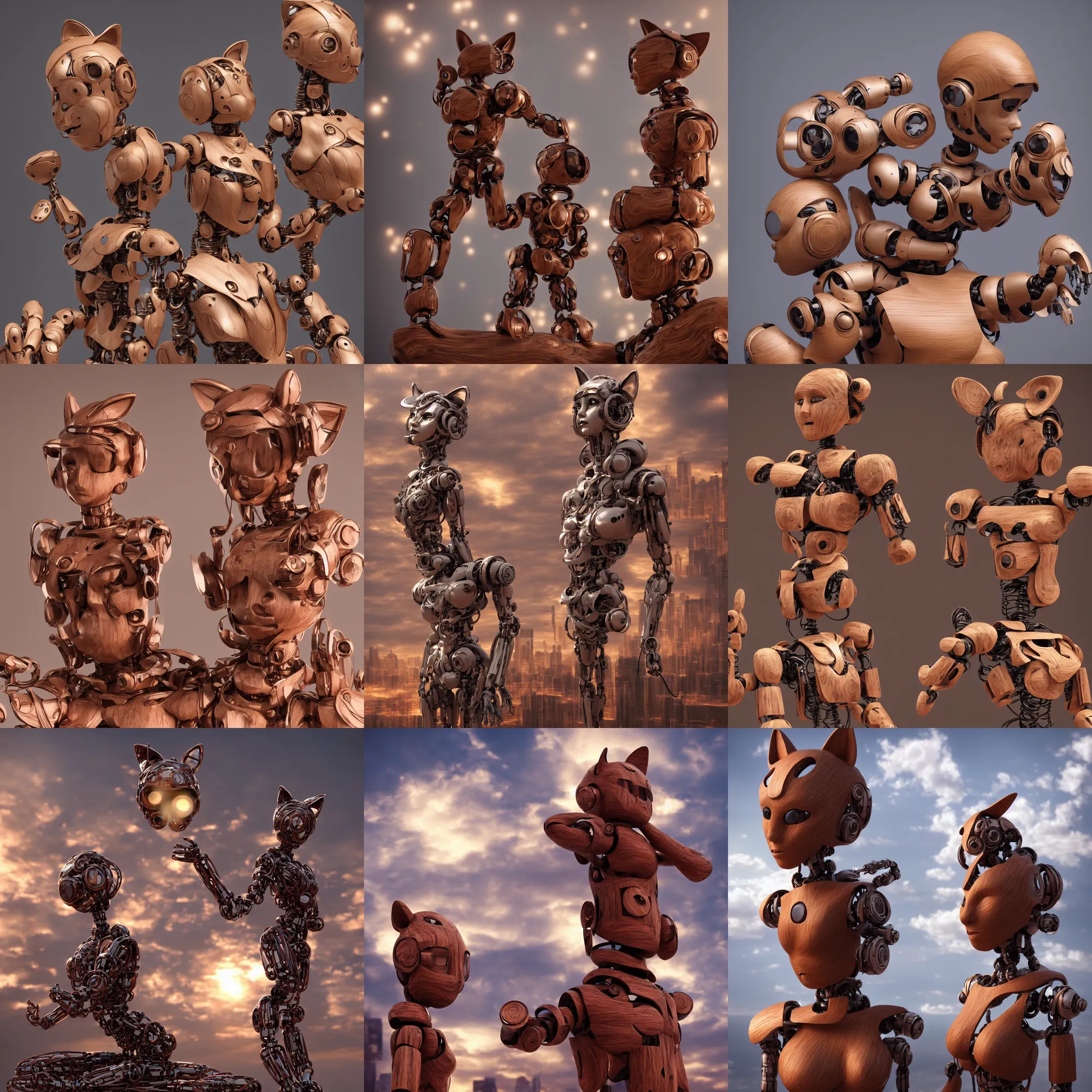 Prompt: 3 d octan render, ultra photorealistic, 8 k hyper detailed image, a beautiful wooden statue of a figurine of a robot wood with cat ears on a magic cloud, cyberpunk, klim