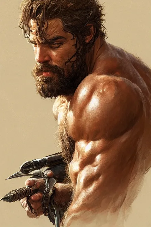 Image similar to portrait of a rugged ranger, muscular, upper body, hairy torso, D&D, fantasy, intricate, elegant, highly detailed, digital painting, artstation, concept art, smooth, sharp focus, illustration, art by artgerm and Greg Rutkowski and Alphonse Mucha