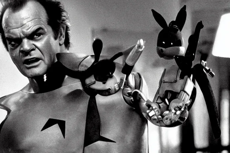 Prompt: Jack Nicholson in costume of Pikachu Terminator scene where his endoskeleton gets exposed still from the film