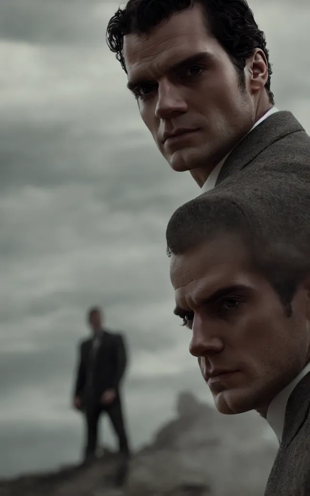 Image similar to henry cavill in the role of james bond, by barret frymire, cinematic, moody lighting, cinematic lighting