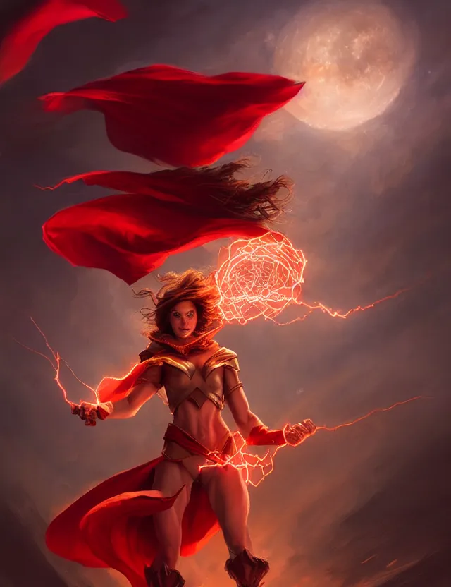 Image similar to a brown - haired woman with a red cape hovering in the air glowing with red light and crackling energy, by frank fazetta and peter mohrbacher, trending on artstation, digital art, 4 k resolution, detailed, high quality, sharp focus, hq artwork, coherent, insane detail, concept art, character concept, character full body portrait