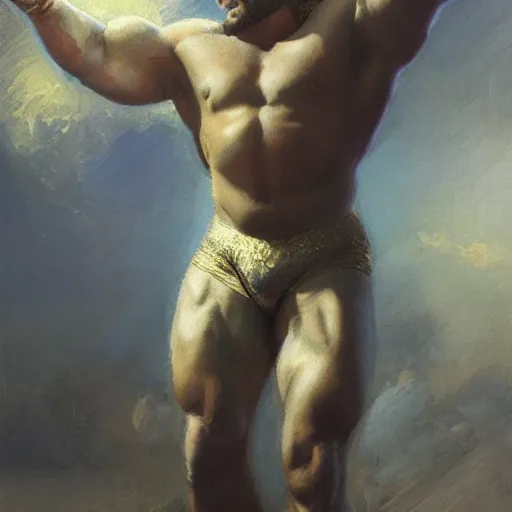 Image similar to handsome portrait of a wrestler guy bodybuilder posing, war hero, wrestling singlet, radiant light, caustics, by gaston bussiere, bayard wu, greg rutkowski, giger, maxim verehin