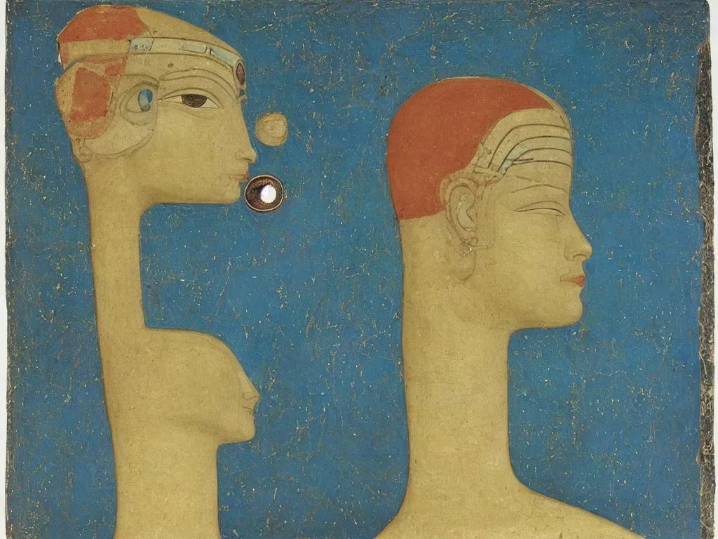 Prompt: marble egyptian sculpture head of the god of inner tranquility with inlaid crystal eye. lapis - lazuli, turquoise, malachite, cinnabar, earth brown. painting by piero della francesca, balthus, agnes pelton