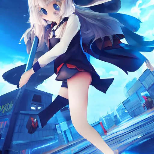 Image similar to Splash art, anime loli, blond hair, pigtails, blue coat, black shorts, blue propulsion powers. Cinematic sunset, cityscape. Amazing piece Trending on Artstation