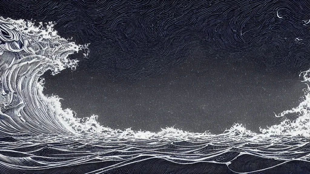 Prompt: highly detailed illustration of high exposure ocean waves at night by moebius, nico delort, oliver vernon, kilian eng, joseph moncada, damon soule, manabu ikeda, kyle hotz, dan mumford, otomo, 4 k resolution