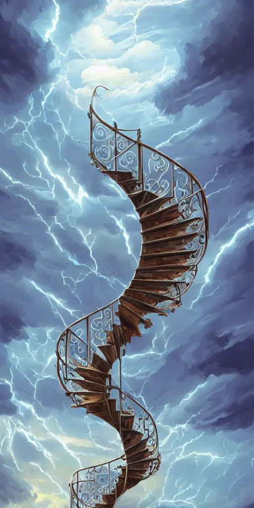 Prompt: a spiral upside - down edgy staircase to heaven, storm, lightnings, highly detailed, sharp focus, matte painting, by rhads, artgerm, isaac levitan and asher brown durand,