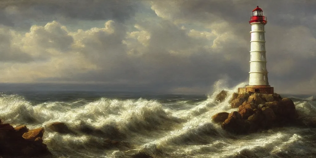 Image similar to landscape of a lighthouse in a rough sea, well lit, detailed, cinematic lighting, pre - raphaelite, oil painting