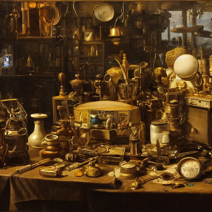 Prompt: still life photo of a cyberpunk junk shop by pieter claesz, oil on canvas, strong lighting, highly detailed, hyper realism, golden hour, god rays, hd, 4 k