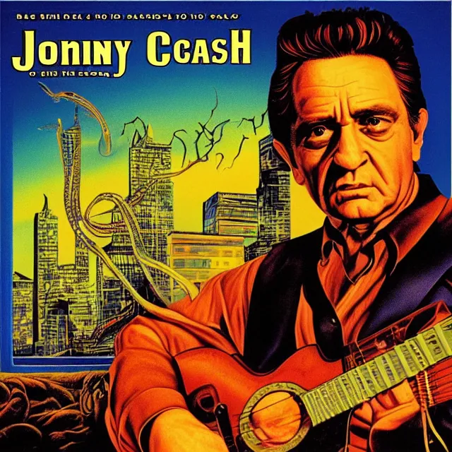 Image similar to album cover for Johnny Cash: The Snake Oil Tapes, album art by Ron Walotsky, snake oil album, snakes, no text