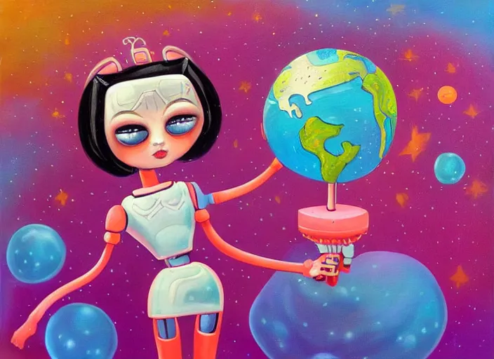 Image similar to a cute robot girl holds the world in her hand, an ultrafine detailed painting by lisa frank, trending on deviantart, pop surrealism, whimsical, lowbrow, colorful