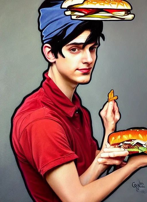 Prompt: oil painting, jughead jones has a really long nose, he wears a light grey crown, and devours a hamburger, intricate, elegant, highly detailed, lighting, painting, artstation, smooth, illustration, art by greg rutowski and alphonse mucha