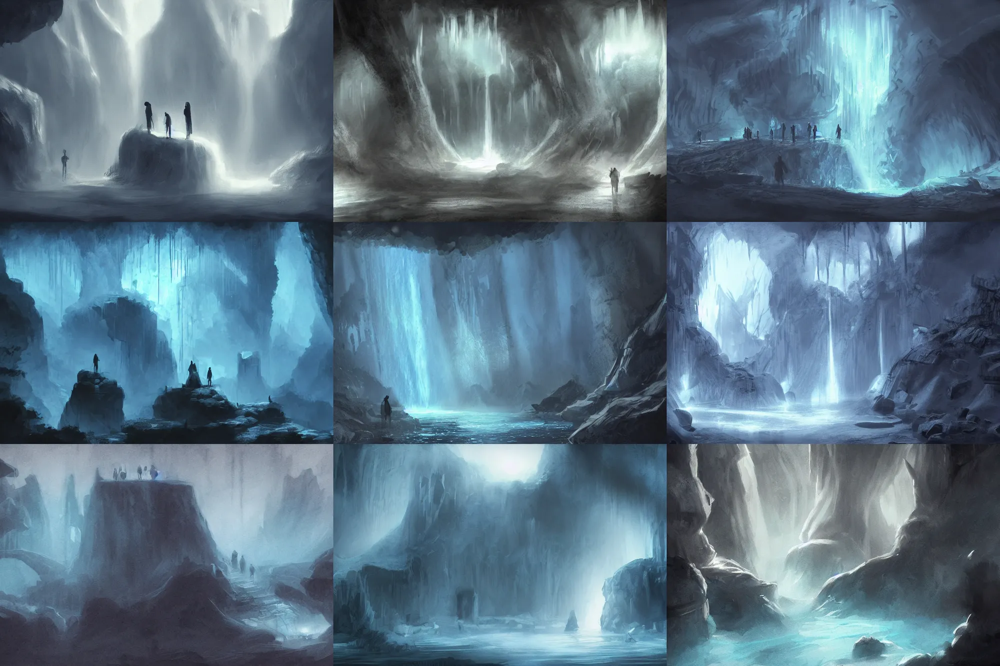 Prompt: lost souls searching for nothing, concept art, darkness, big dark caverns, waterfall, dim lighting, soft, mysterious, blue haze