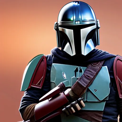 Image similar to realistic mandalorian holding a small black box