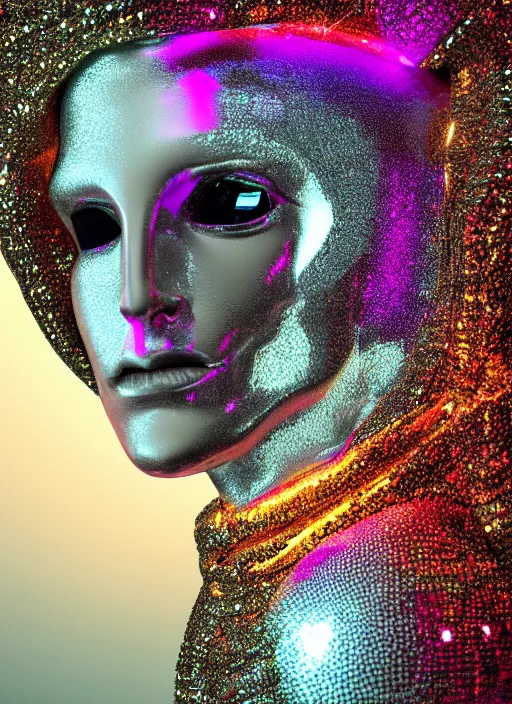 Prompt: photo of baroque and bladerunner delicate neon diamond sculpture of seductive ceramic albino king kit butler dotado creamy orange iridescent humanoid deity wearing white fluffy hoody holding diamond skull in a black metallic dungeon, reclining, glowing rainbow face, crown of white diamonds, cinematic lighting, photorealistic, octane render 8 k depth of field 3 d