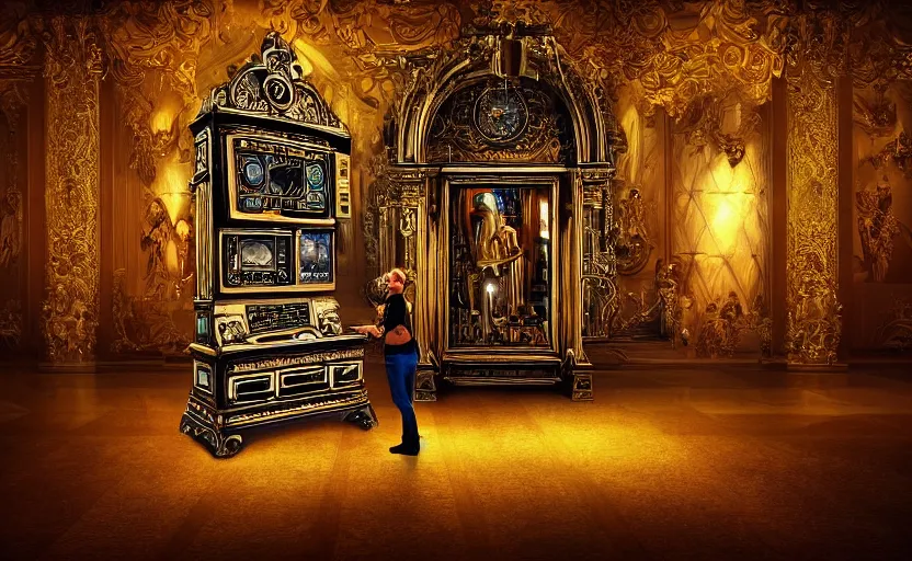 Prompt: A person standing in front of a giant baroque computer asking it to generate an image of what they are about to say, fantasy, digital art, golden hours, dramatic, ornate, manga