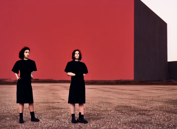 Image similar to cinestill 5 0 d closeup photographic portrait of two clones in front of a brutalist metal building, techwear women, on a desolate plain, red sky, black oversized clothes, depth of field, 4 k, 8 k, hd, full color