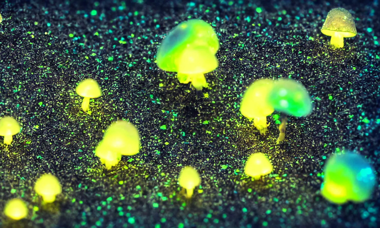 Prompt: a macro shot of bioluminescent mushrooms, dof, 4k, bokeh, acid pixie acid pixie