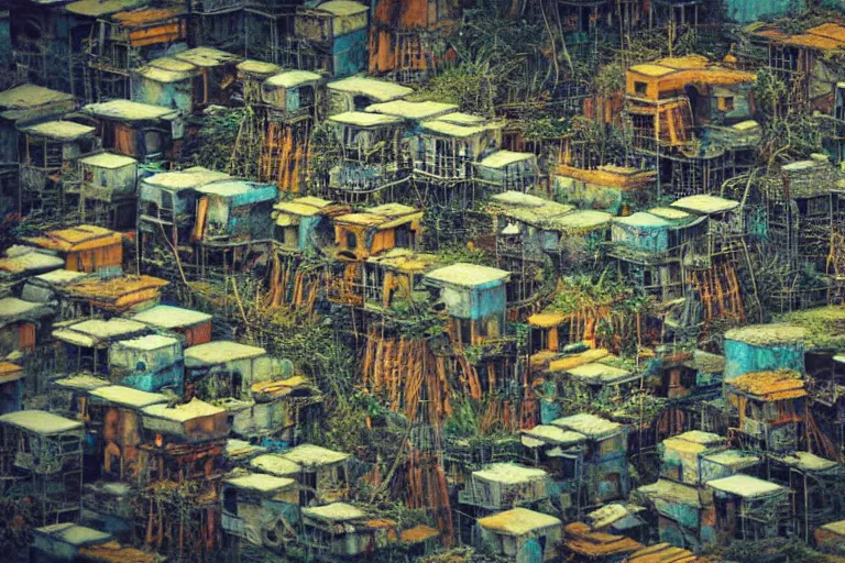 Image similar to simplicity, favela fungal beehive, diseased environment, industrial factory, cheerful, award winning art, epic dreamlike fantasy landscape, ultra realistic,
