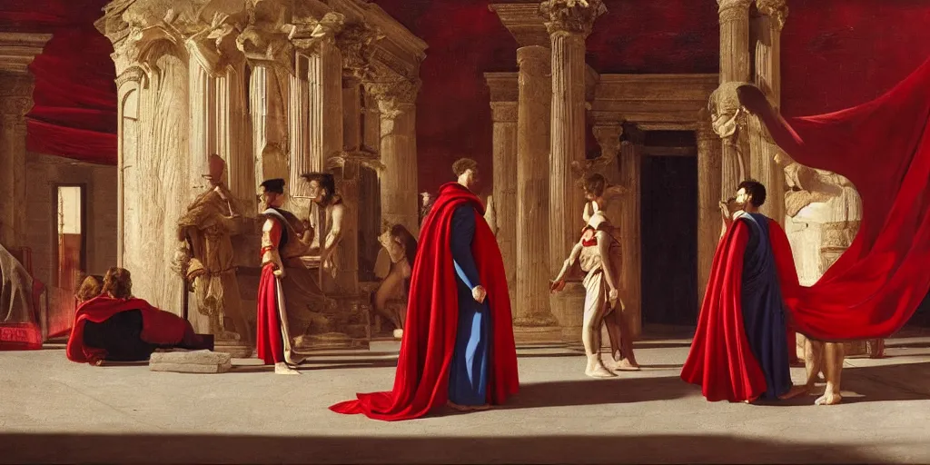 Image similar to beautiful oil matte portrait painting, men dressed in red capes and golden ornaments arguing inside a roman temple, wonderful masterpiece highly detailed, beautiful cinematic light deep focus, elegant, digital painting, smooth, sharp focus, golden ratio, dramatic illumination, ultra realistic, 8 k, art by artemisia lomi gentileschi and caravaggio