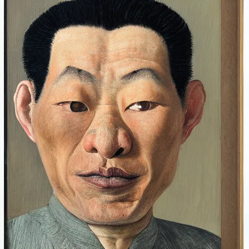 Image similar to detailed portrait of an asian man, 3 0 s, by lucian freud, francis bacon, grant wood