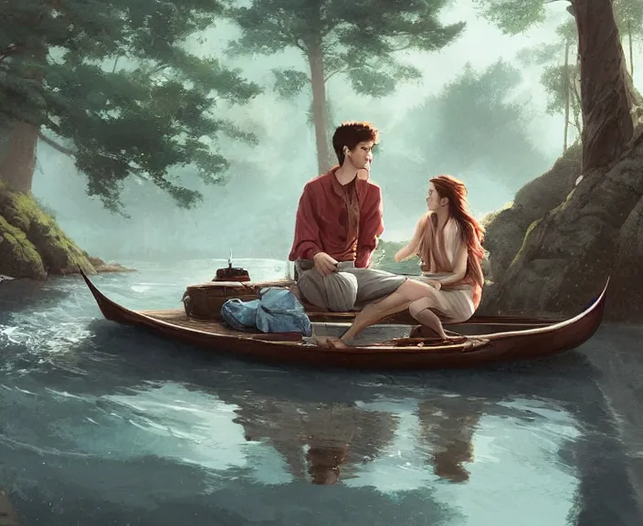 Image similar to a young man and young woman sitting together on one single boat. Romantic. Girl has auburn hair. Boy has short black hair. Narrow river in a forest, rocky shore, trees, shady, blue waters, ripples, waves, reflections, details, sharp focus, illustration, by Jordan Grimmer and greg rutkowski, Trending artstation, pixiv, digital art