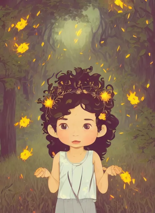 Image similar to little girl with wavy curly light brown hair chasing fireflies in the woods. wearing a flower crown. clean cel shaded vector art. shutterstock. behance hd by lois van baarle, artgerm, helen huang, by makoto shinkai and ilya kuvshinov, rossdraws, illustration, art by ilya kuvshinov