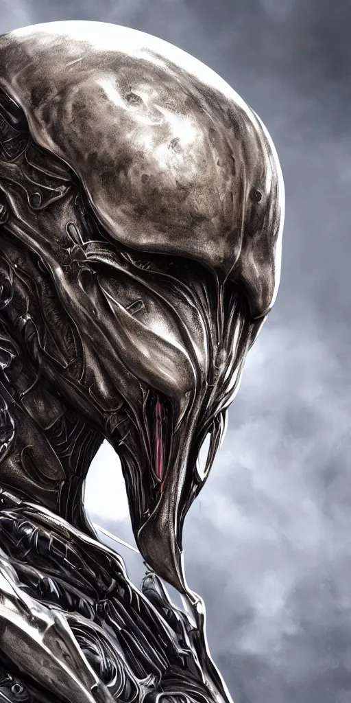 Image similar to a photo realistic portrait of an alien creature with highly detailed features wearing metal armor, dramatic rim lighting, concept art