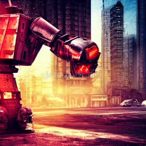 Prompt: Dreamt in `43.71s` for `!dream a bipedal military robot crushing a skull with its hands. Derelict cityscape. Red back lit. Ominous. Sci-fi film production photo. W 2048