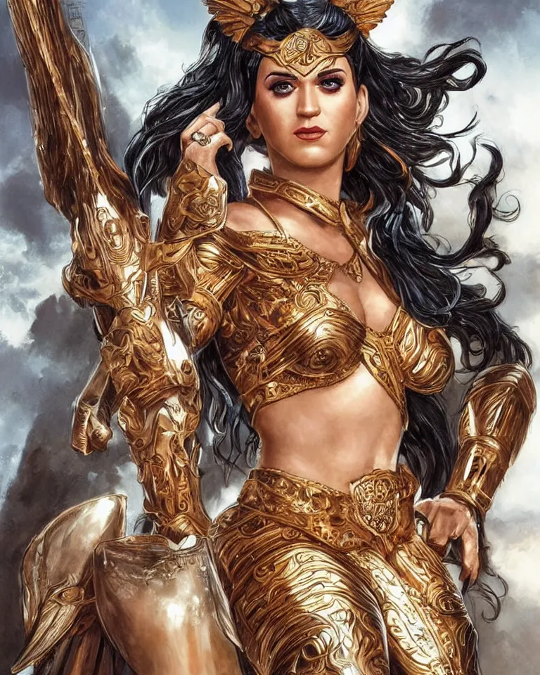 Prompt: katy perry as an amazon warrior, a tall beautiful woman with brown skin and long hair, dressed in hellenistic body armor, intricate, elegant, highly detailed, smooth, sharp focus, detailed face, art by ardian syaf