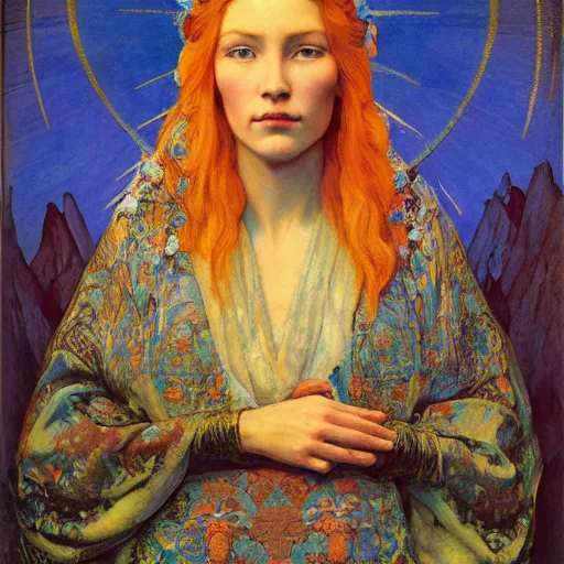 Prompt: queen of the dawn mountains, by annie swynnerton and charlie bowater and diego rivera and nicholas roerich and jean delville, dramatic lighting, brocade robes, elaborate floral ornament, rich colors, smooth sharp focus, extremely detailed