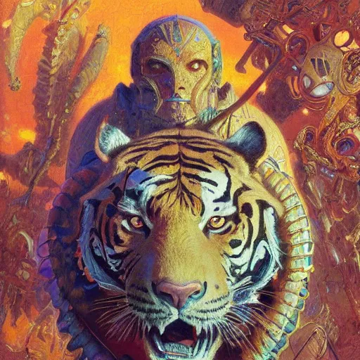 Image similar to highly detailed portrait of a tiger shaped mecha, painting by gaston bussiere, craig mullins, j. c. leyendecker, lights, art by ernst haeckel, john william godward, hammershøi, alex grey, psychedelic, dmt