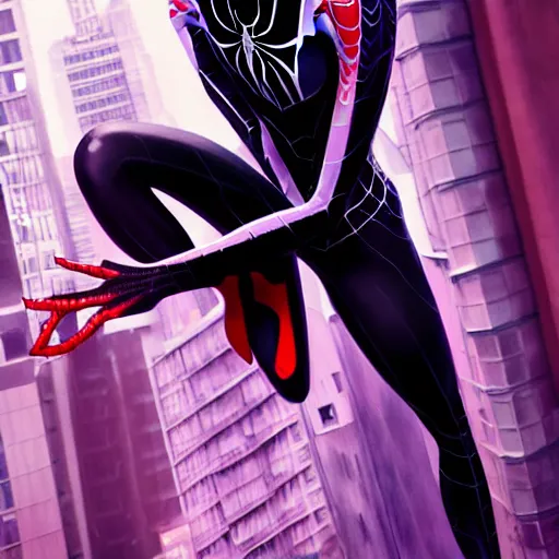 Prompt: gorgeous female Emma Stone as Spider-Gwen as venom, realistic character concept, medium shot, evil pose, comic book, illustration, slender symmetrical body, artstation, cinematic lighting, hyperdetailed, cgsociety, 8k, high resolution, Tom Bagshaw, Joshua Middleton, Gottfried Helnwein, Rafeal Albuquerque comic, single face, insanely detailed and intricate, dark and smokey background, vfx, postprocessing