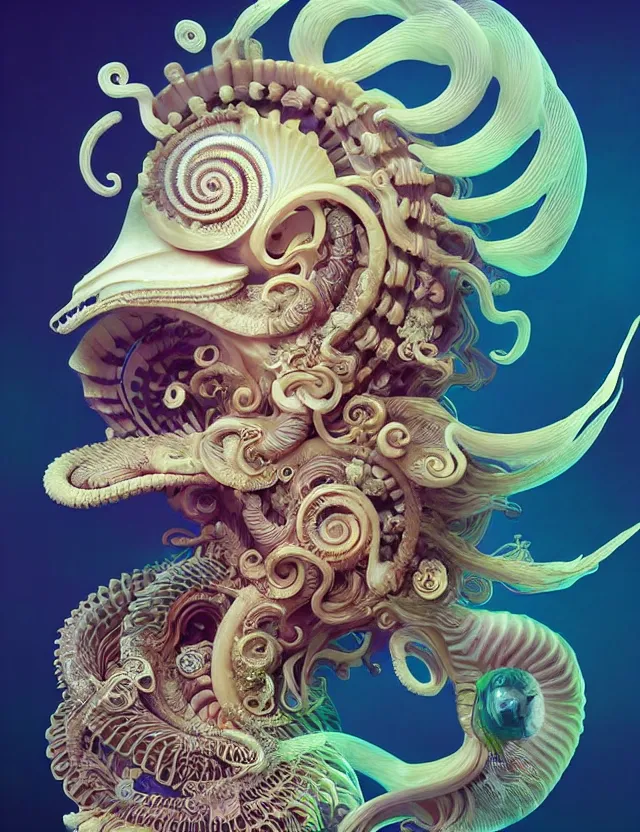 Image similar to 3 d goddess nautilus half - turn portrait with long hair with ram skull. beautiful intricately detailed japanese crow kitsune mask and clasical japanese kimono. betta fish, jellyfish phoenix, bio luminescent, plasma, ice, water, wind, creature, artwork by tooth wu and wlop and beeple and greg rutkowski