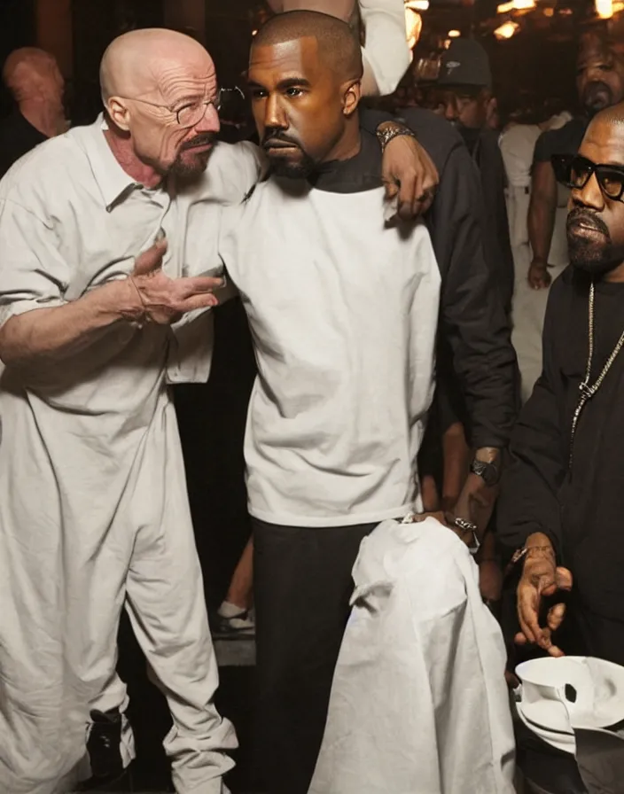 Image similar to Walter White chatting with Kanye West in a club, bad quality, phone photo, leaked photo, paparazzi photo, realistic, 720p